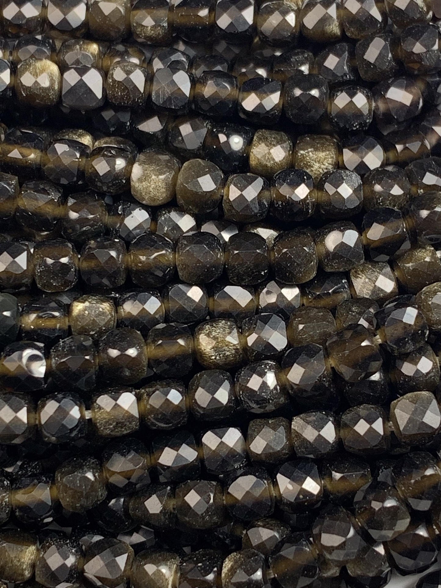 4mm Gold Black Obsidian Cube Beads: Natural Gemstone Strand