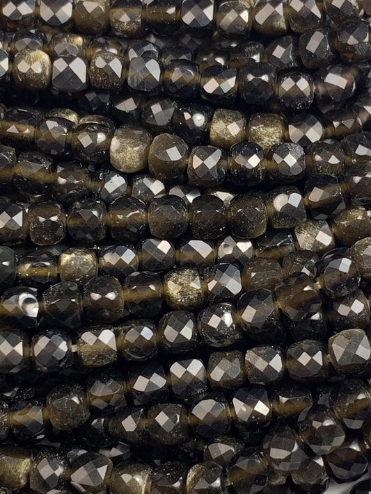 4mm Gold Black Obsidian Cube Beads: Natural Gemstone Strand