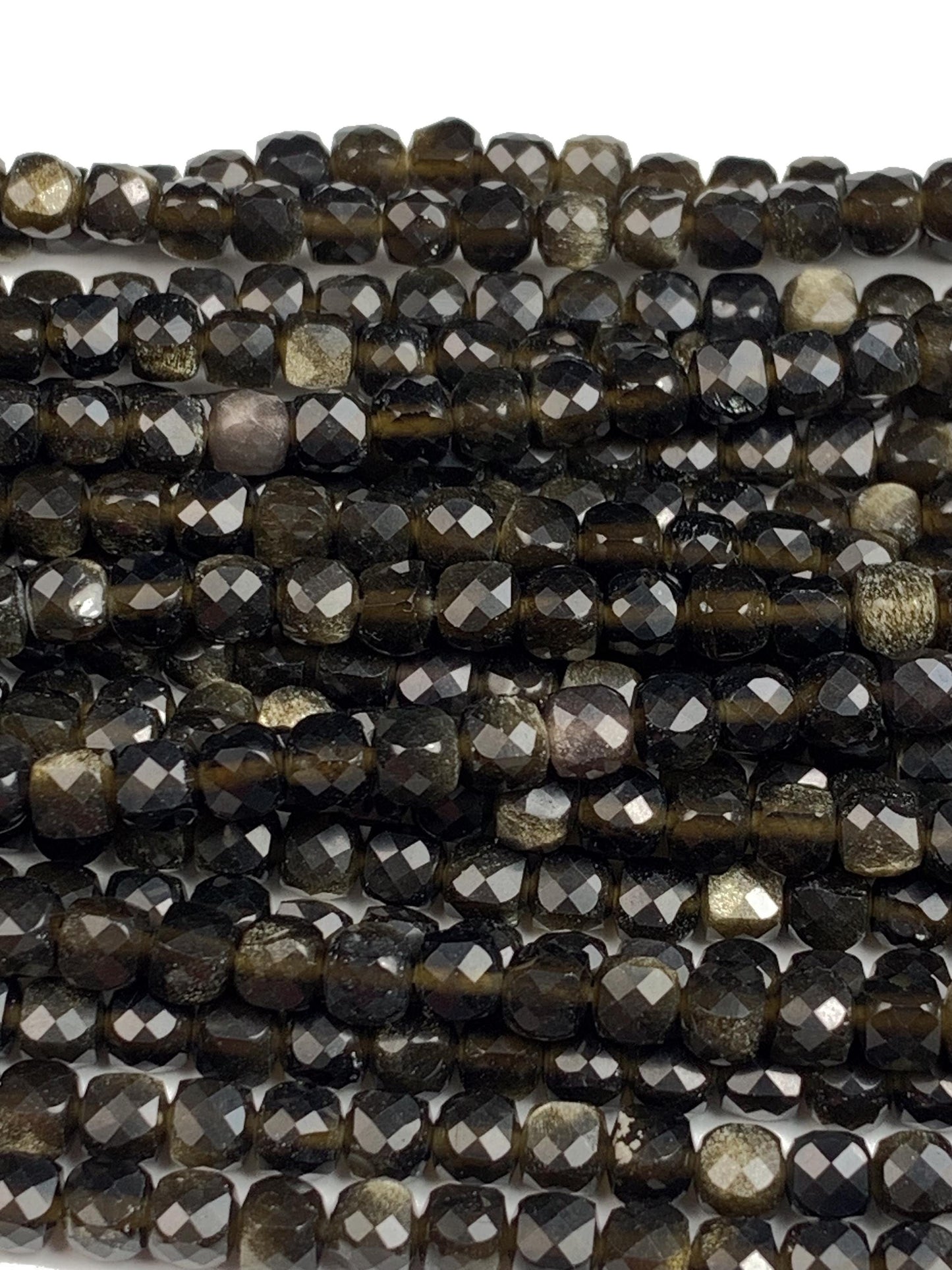 4mm Gold Black Obsidian Cube Beads: Natural Gemstone Strand