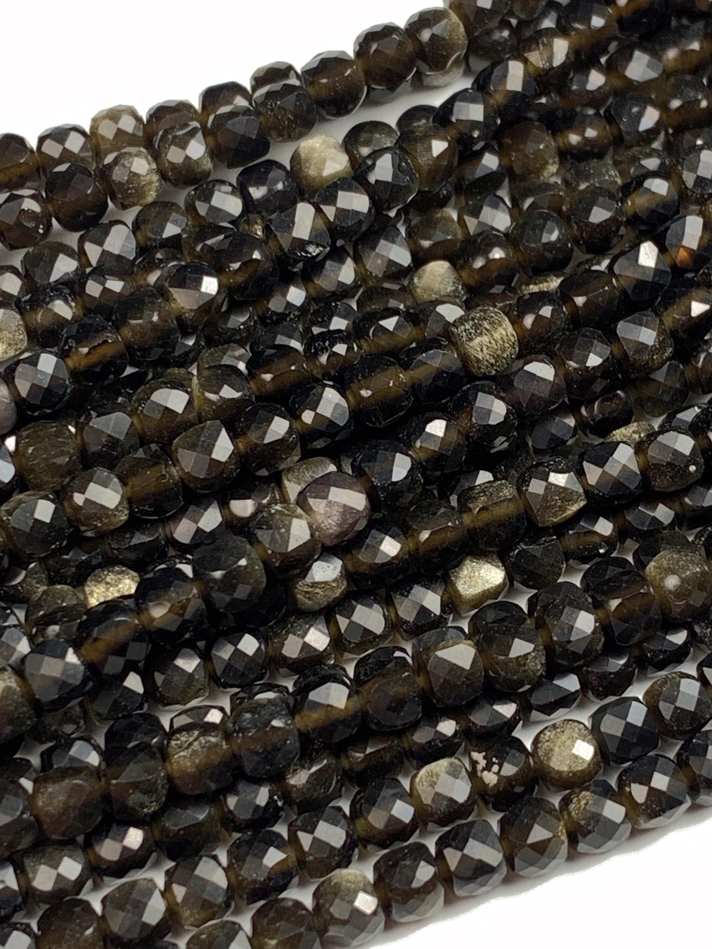 4mm Gold Black Obsidian Cube Beads: Natural Gemstone Strand