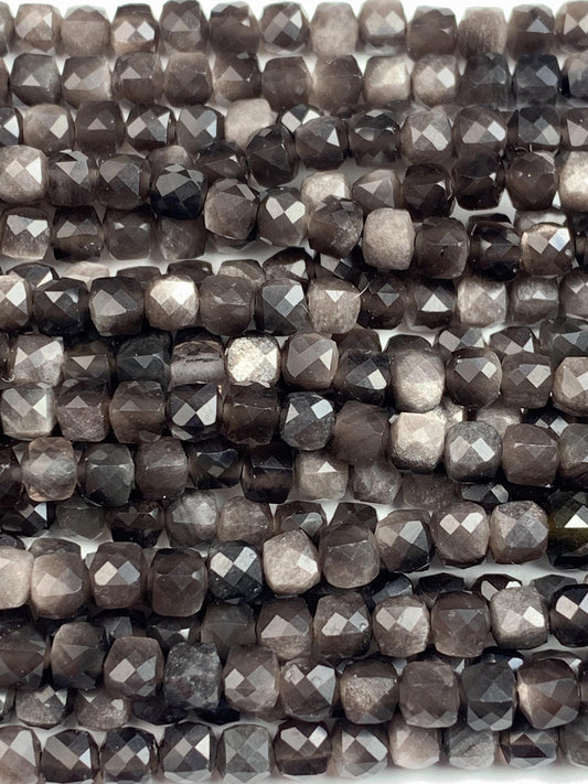 AAA Silver Black Obsidian Cube Beads: Natural Gemstone Strand (15.5")