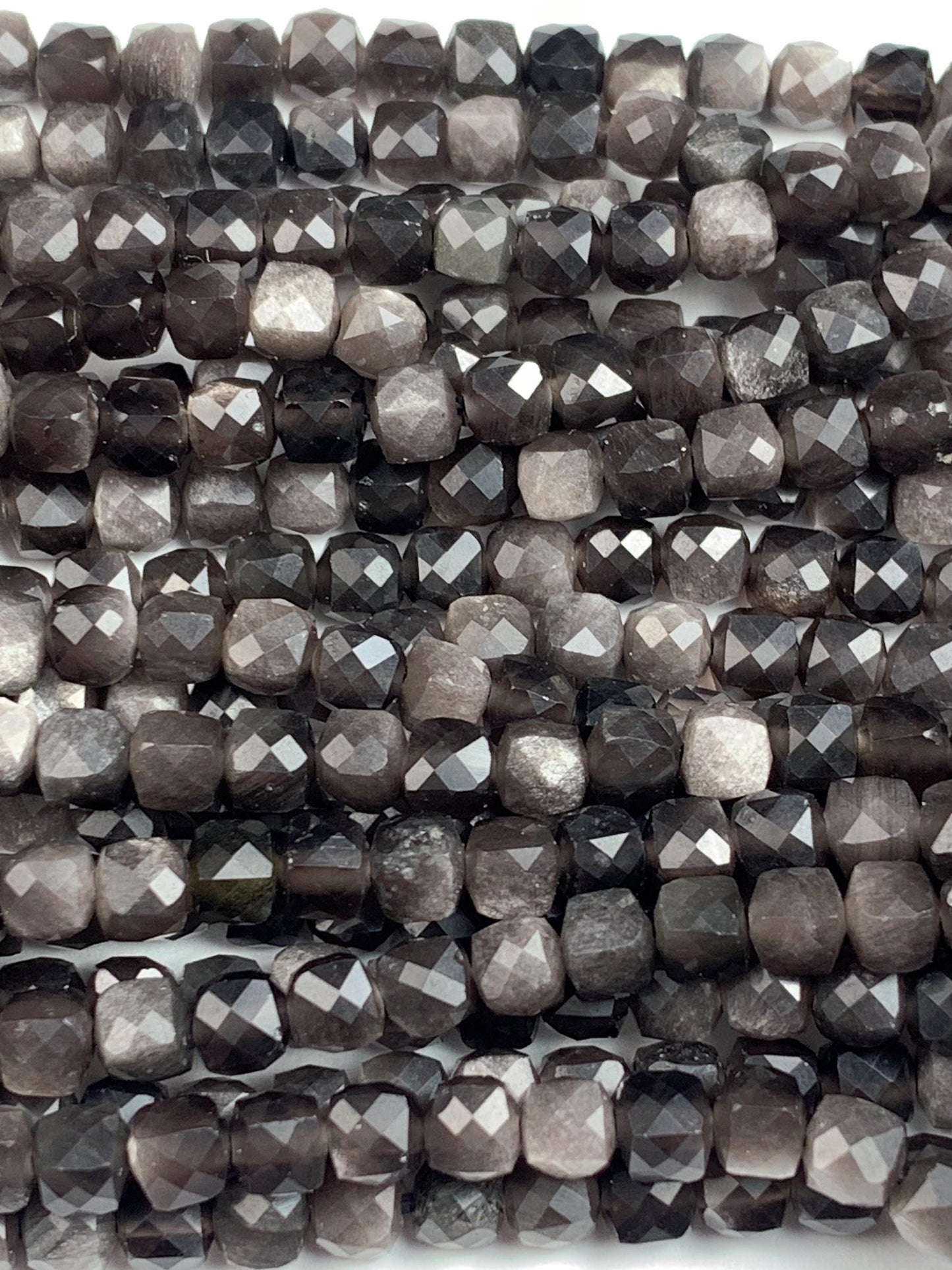 AAA Silver Black Obsidian Cube Beads: Natural Gemstone Strand (15.5")