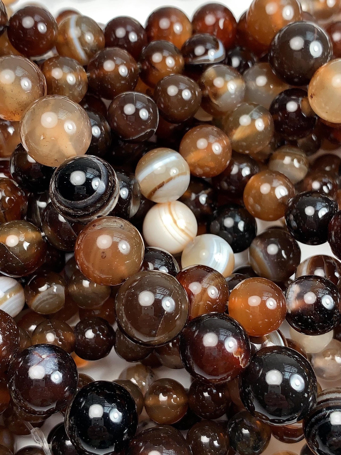 Natural Deep Brown Striped Agate Beads: Smooth Round Gemstone Strand