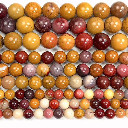 Natural Red Yellow Mookaite Beads: Smooth Round Gemstone Strand