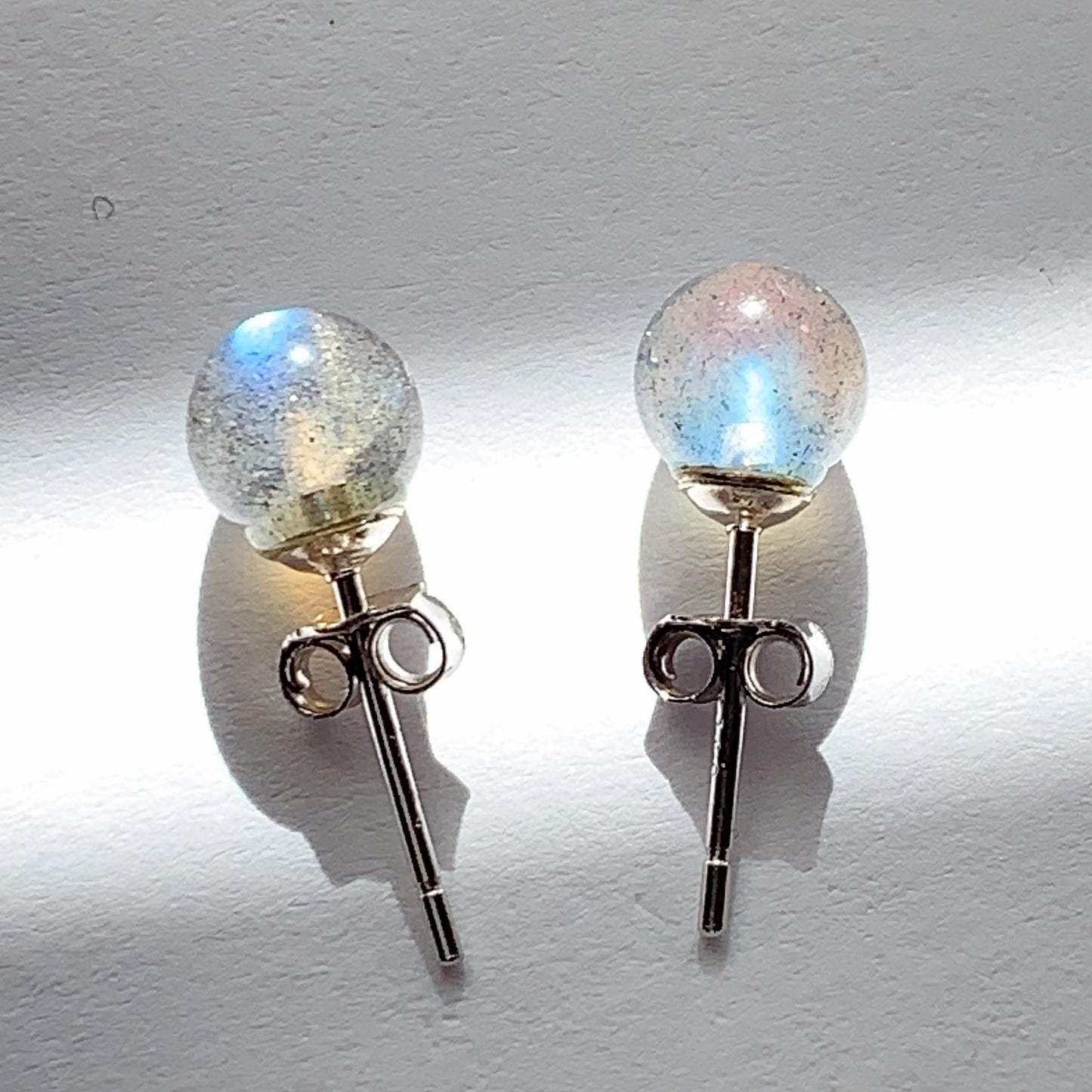 Labradorite Moonstone Earrings: 18k Gold Plated Sterling Silver, 6mm Round Cut