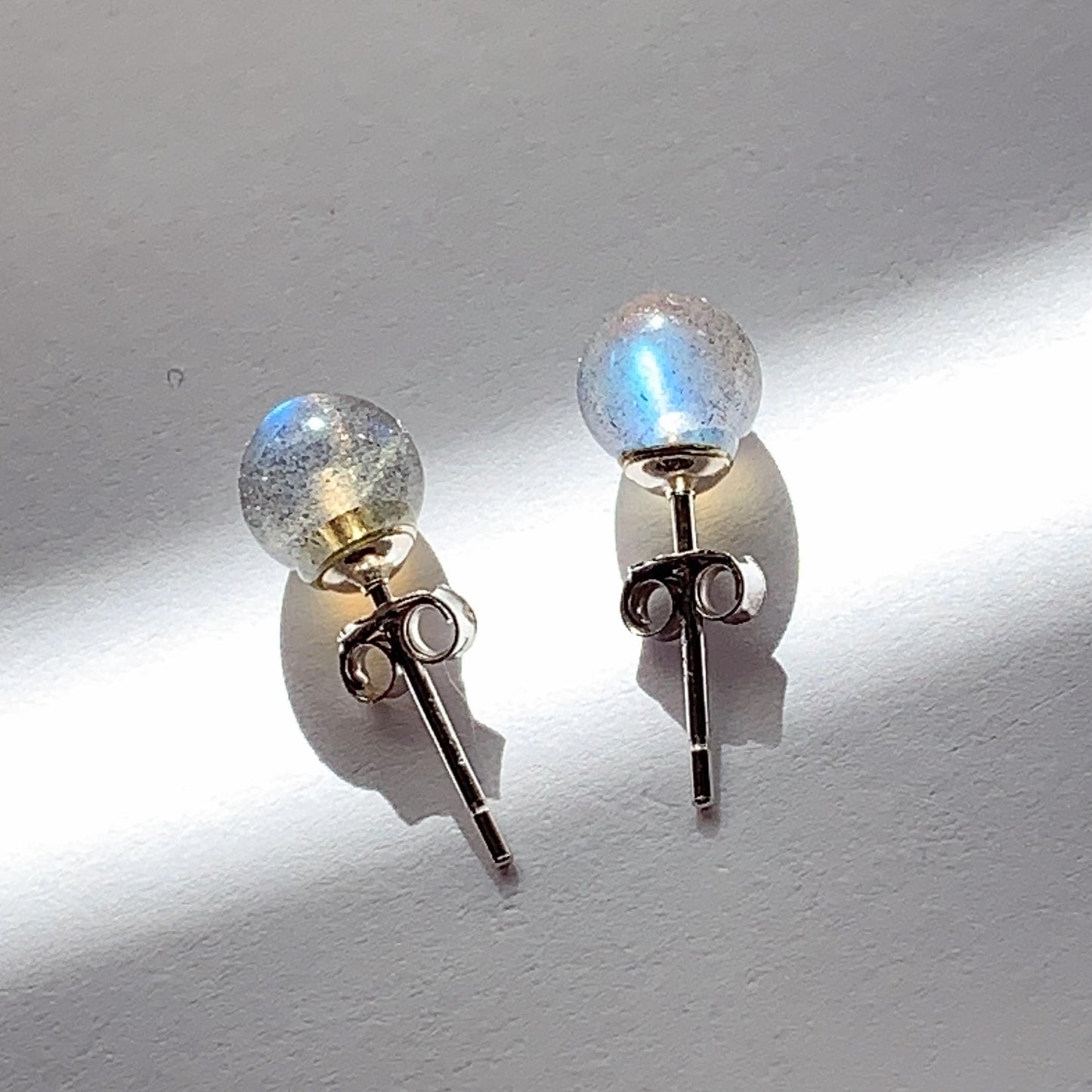 Labradorite Moonstone Earrings: 18k Gold Plated Sterling Silver, 6mm Round Cut