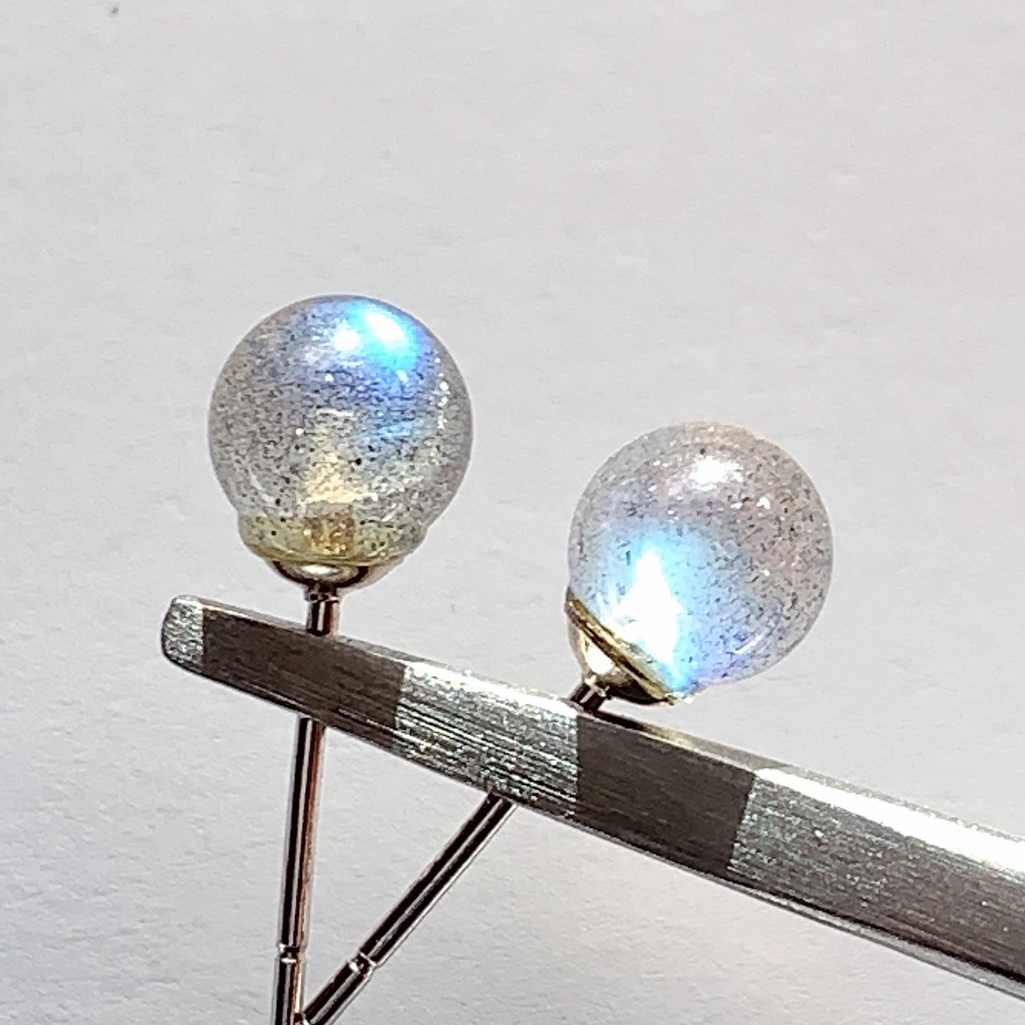 Labradorite Moonstone Earrings: 18k Gold Plated Sterling Silver, 6mm Round Cut