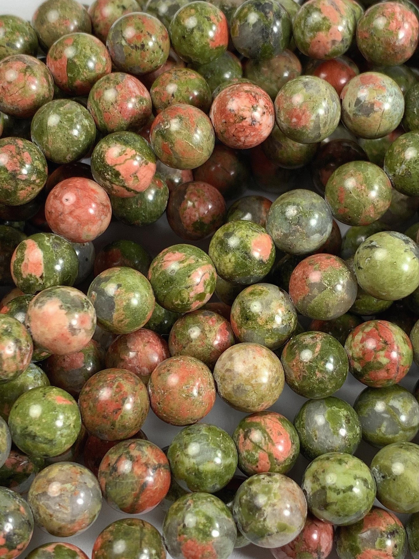 Natural Unakite Smooth Round Beads: Peach, Red & Green, 15.5" Strand