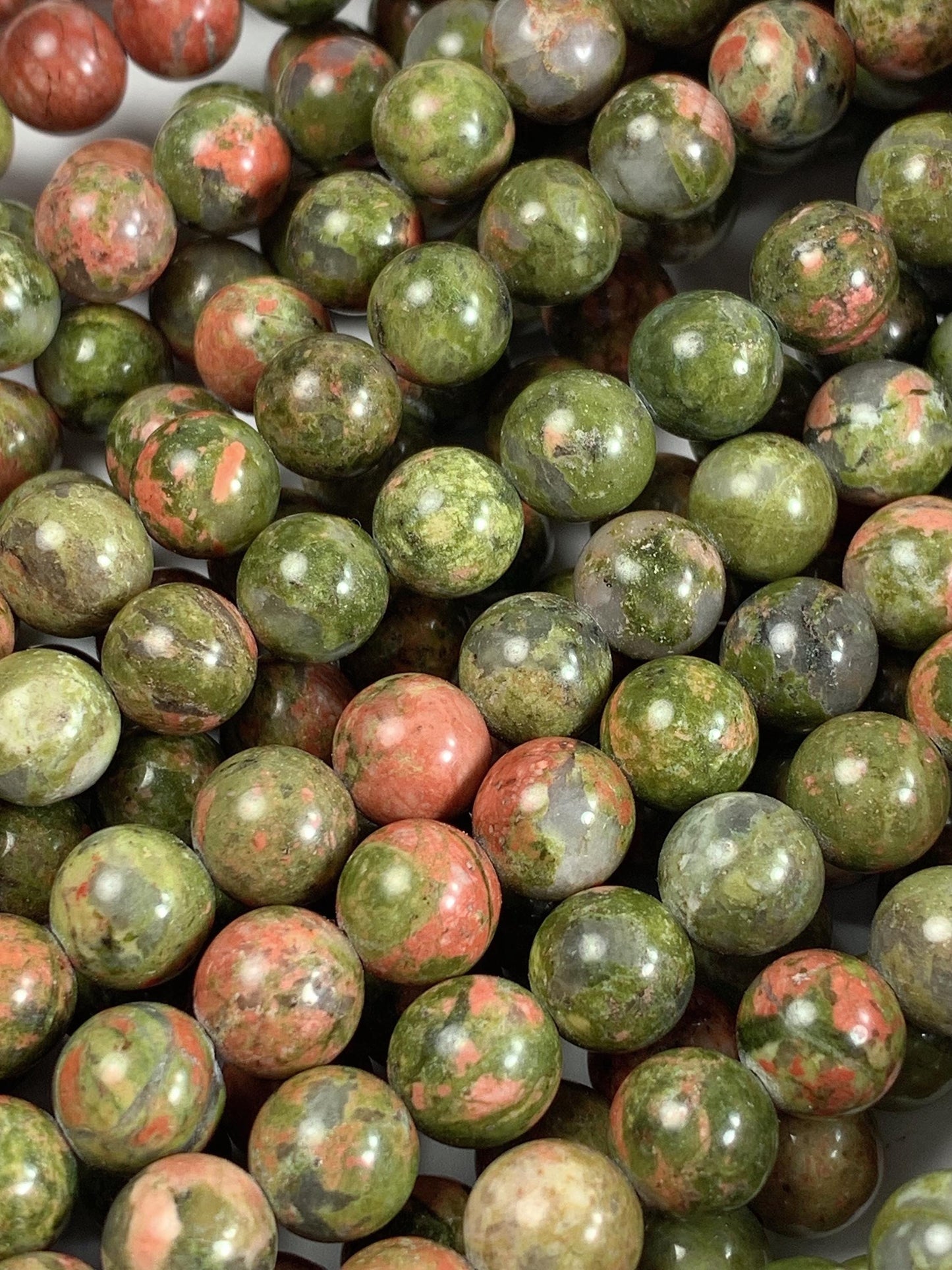 Natural Unakite Smooth Round Beads: Peach, Red & Green, 15.5" Strand