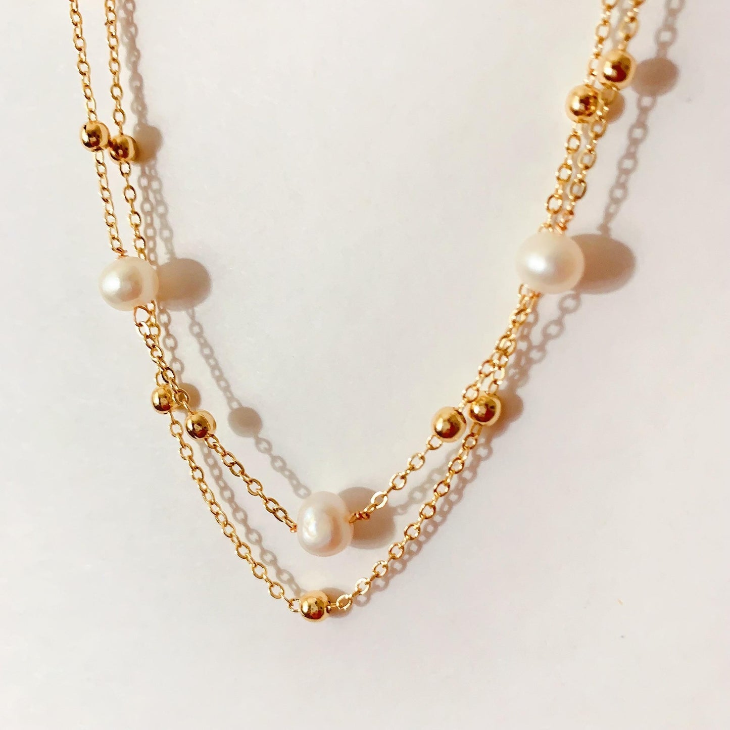 Natural Freshwater White Pearl Necklace Bright Luster Gloss 14K Gold Plated Heart