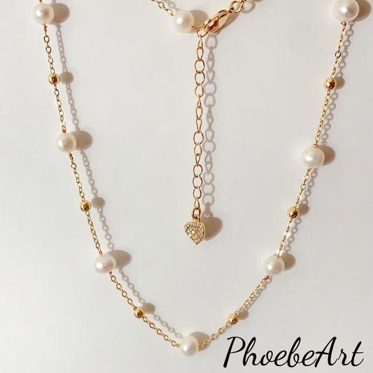 Natural Freshwater White Pearl Necklace Bright Luster Gloss 14K Gold Plated Heart