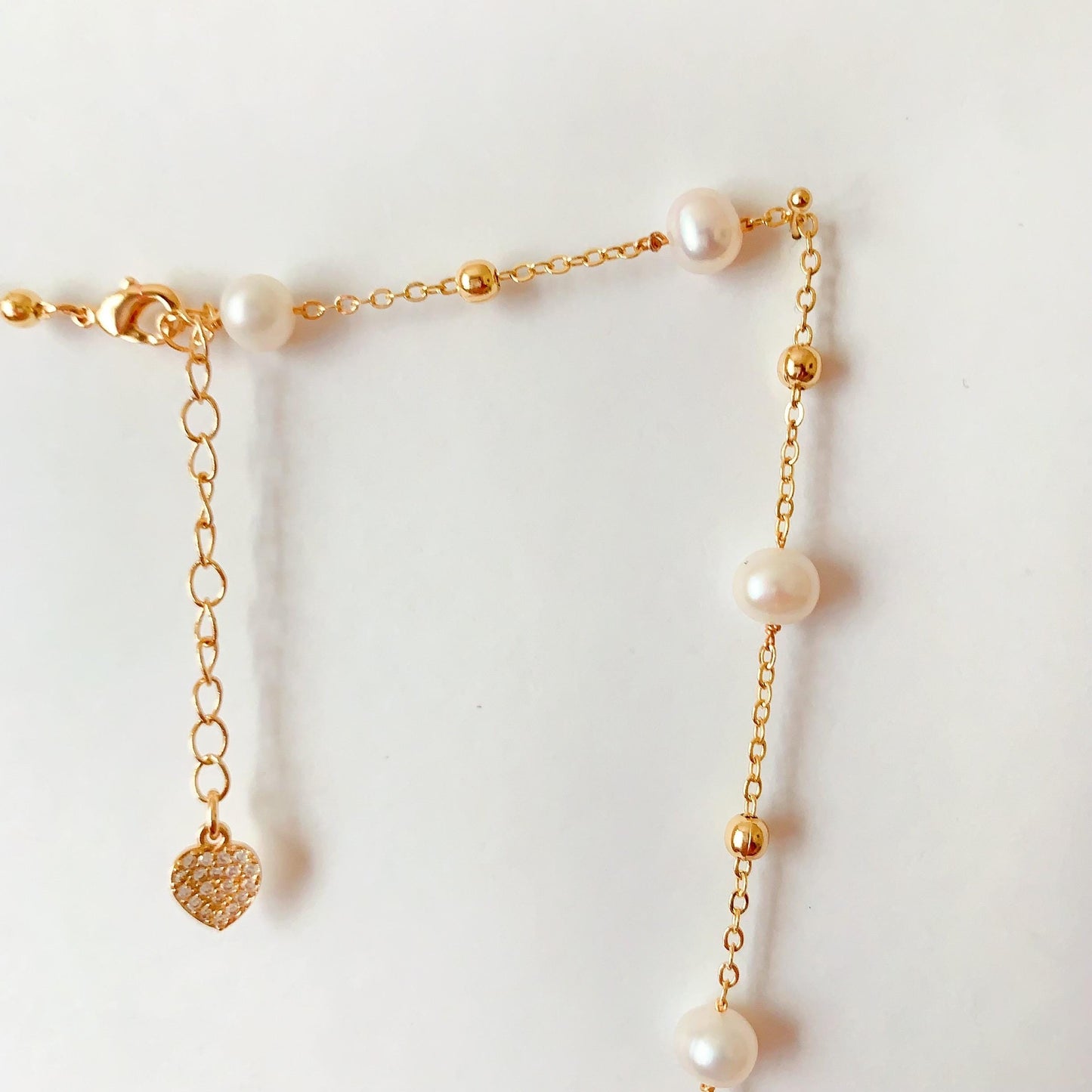 Natural Freshwater White Pearl Necklace Bright Luster Gloss 14K Gold Plated Heart