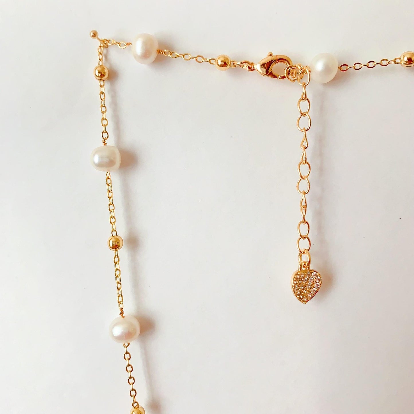 Natural Freshwater White Pearl Necklace Bright Luster Gloss 14K Gold Plated Heart