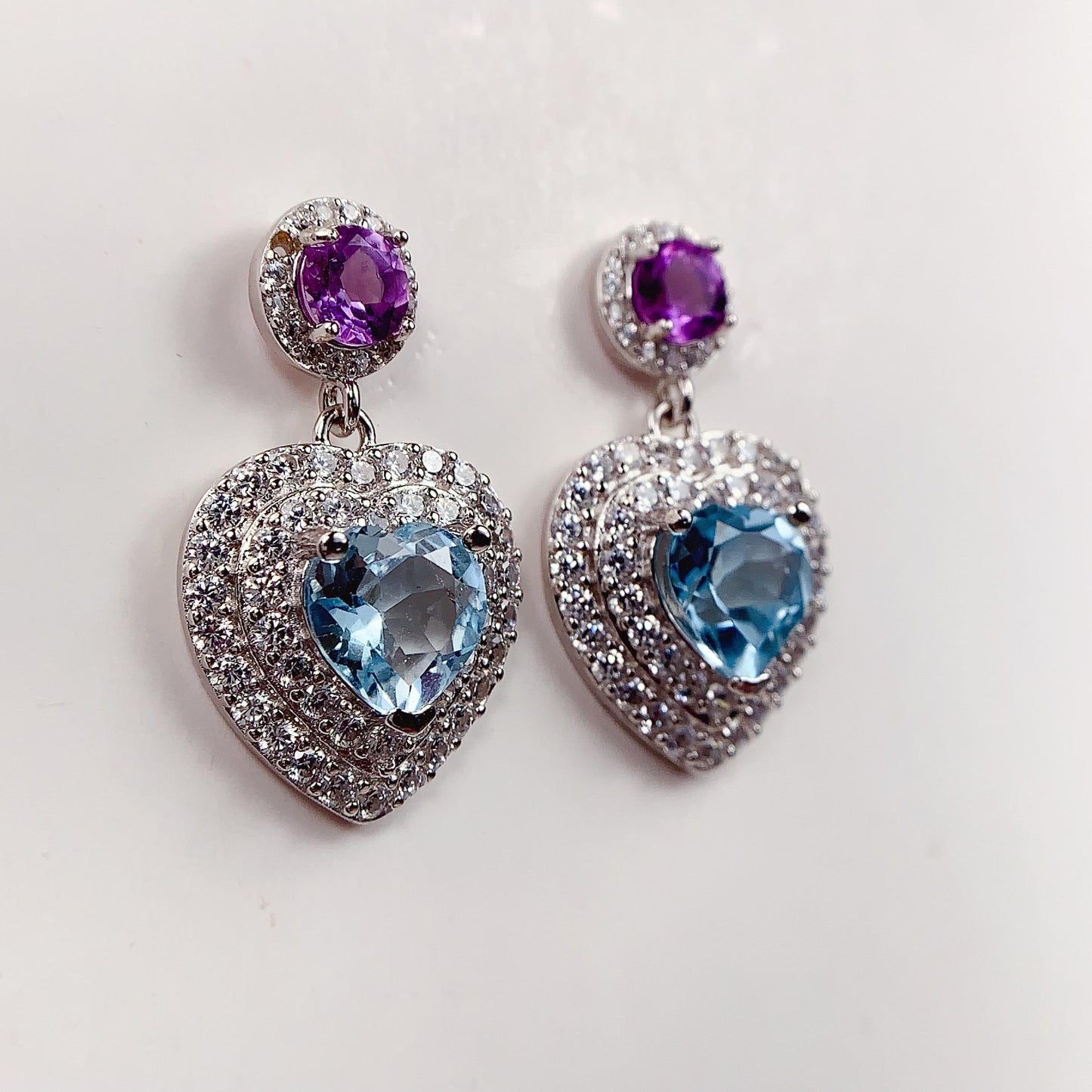 Sky Blue Topaz Heart Earrings: Amethyst, 18k Gold Plated Sterling Silver