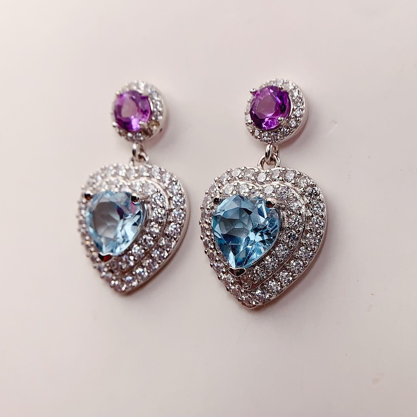 Sky Blue Topaz Heart Earrings: Amethyst, 18k Gold Plated Sterling Silver