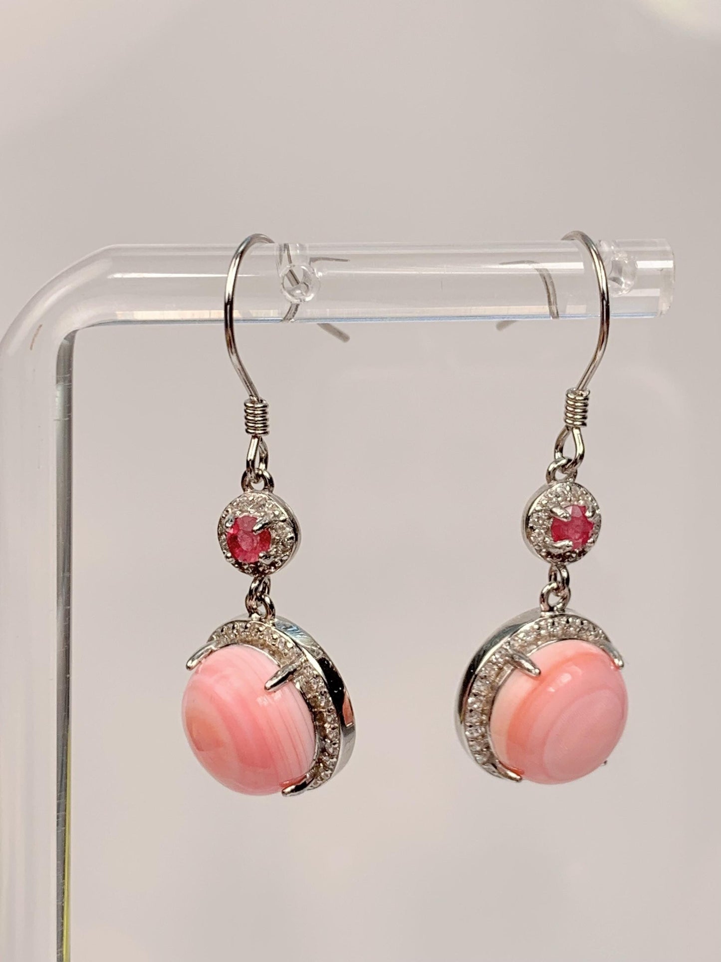 10mm Genuine Natural Pink Queen Conch Pink Tourmaline 18K White Gold Plated S 925 Earrings Ear Stud