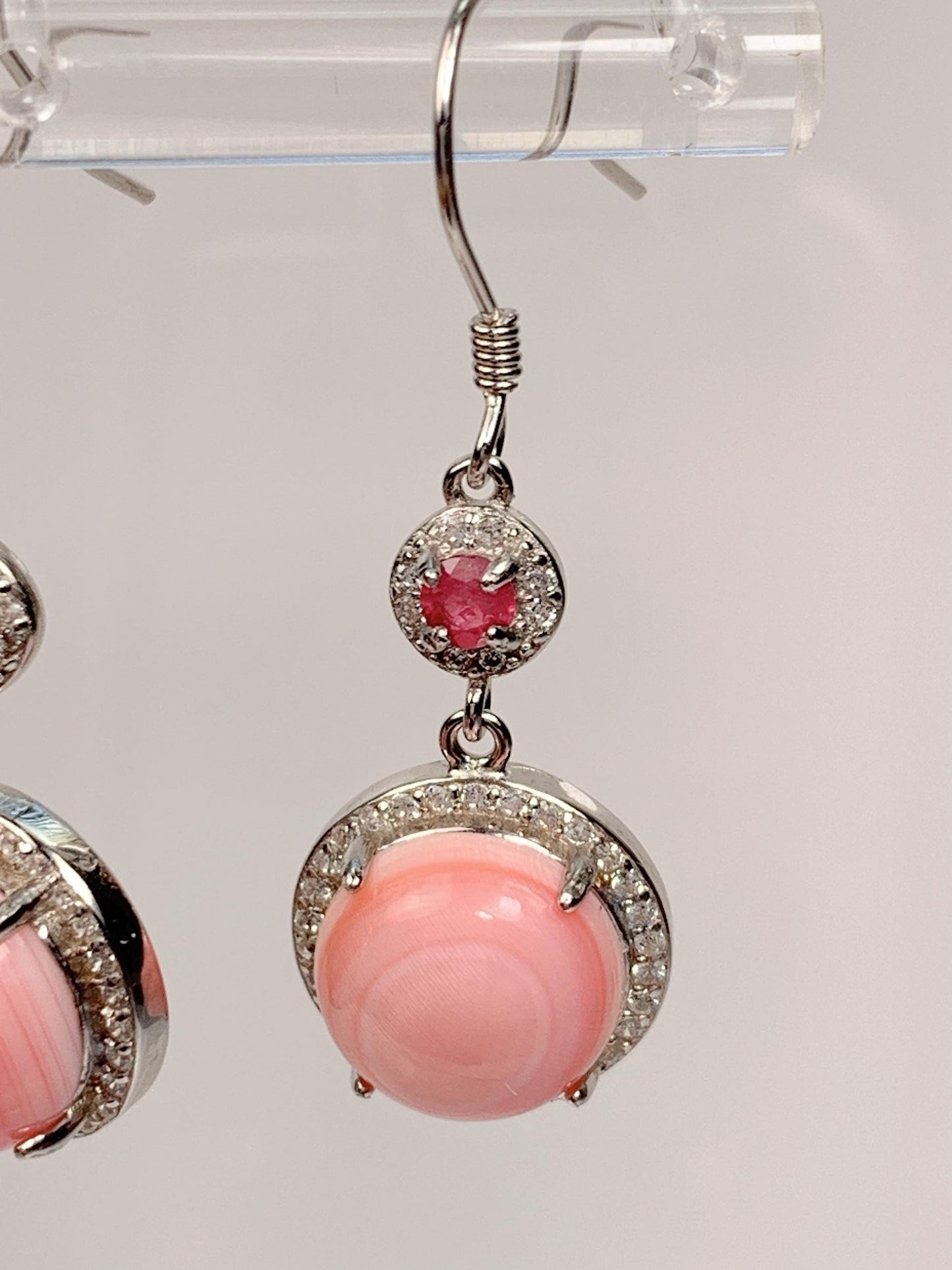10mm Genuine Natural Pink Queen Conch Pink Tourmaline 18K White Gold Plated S 925 Earrings Ear Stud