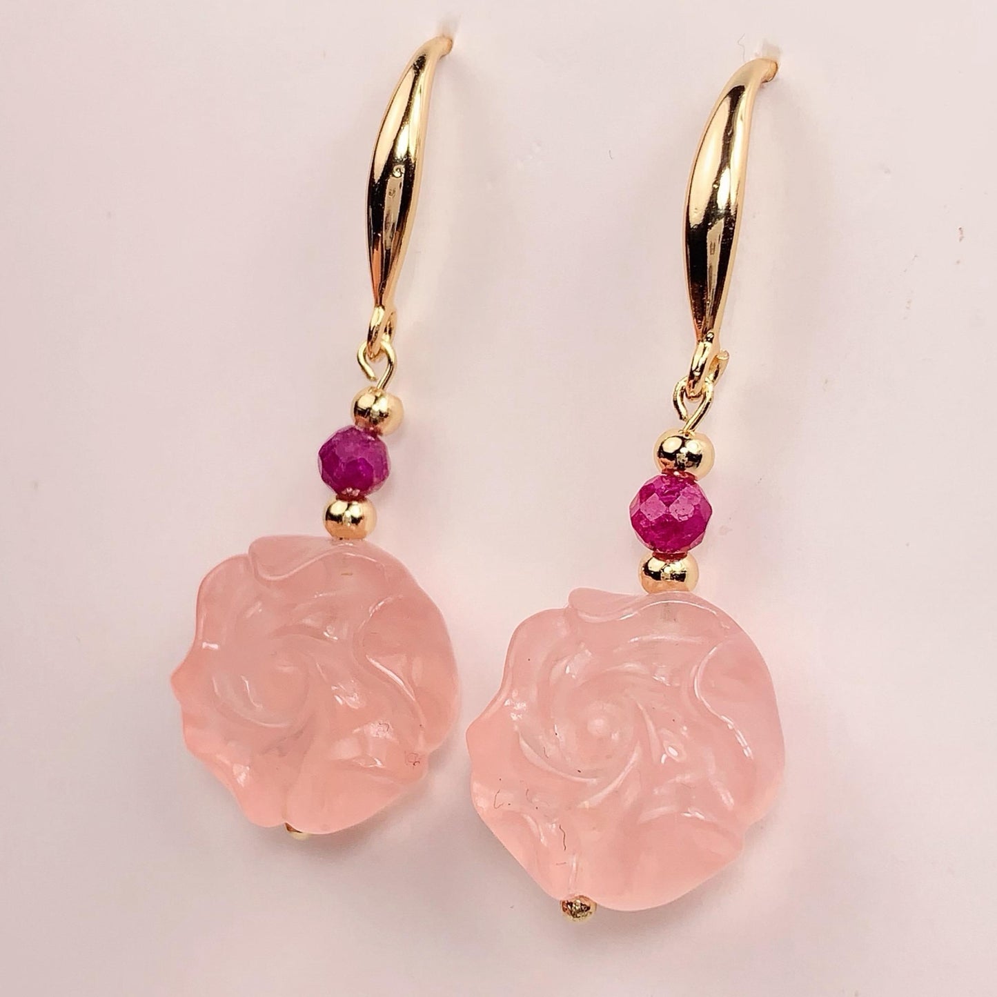 Rose Quartz Peony Earrings: Ruby, 18k Gold Plated Sterling Silver