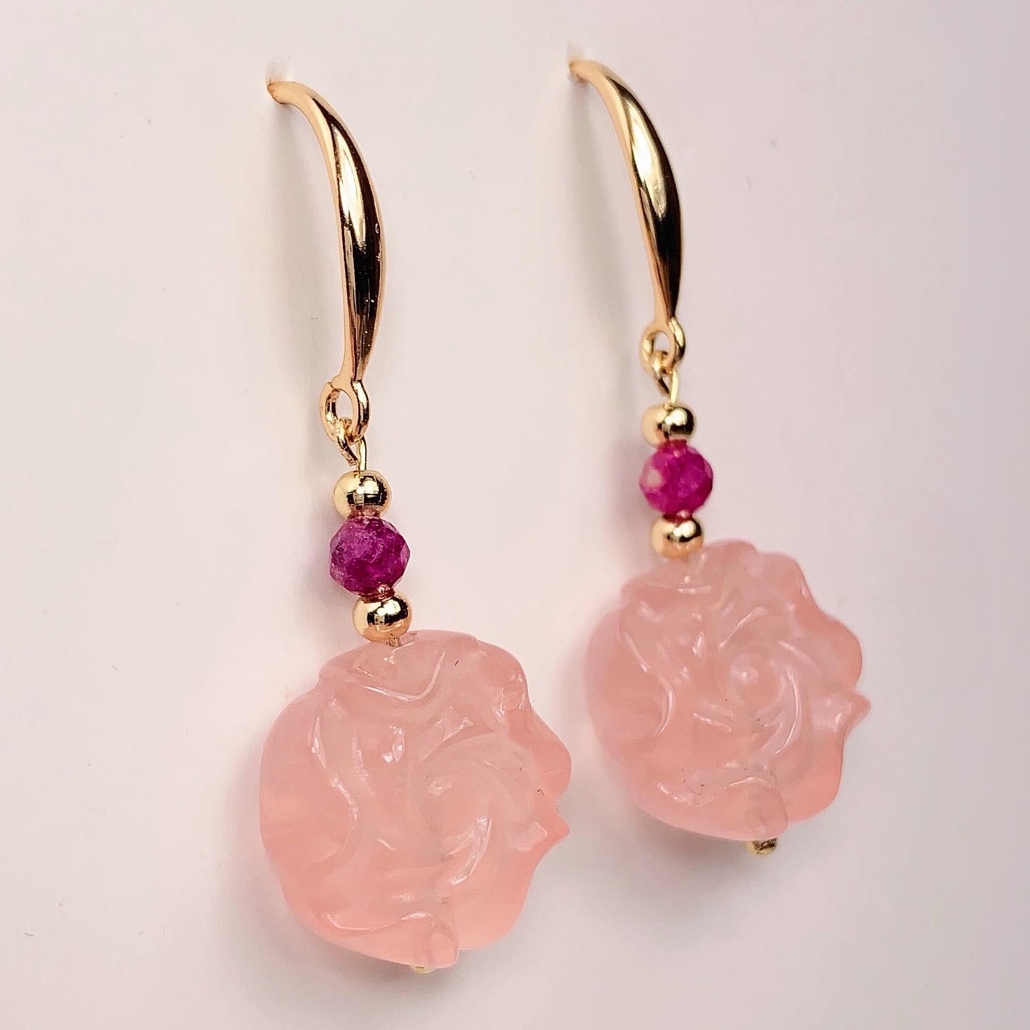 Rose Quartz Peony Earrings: Ruby, 18k Gold Plated Sterling Silver