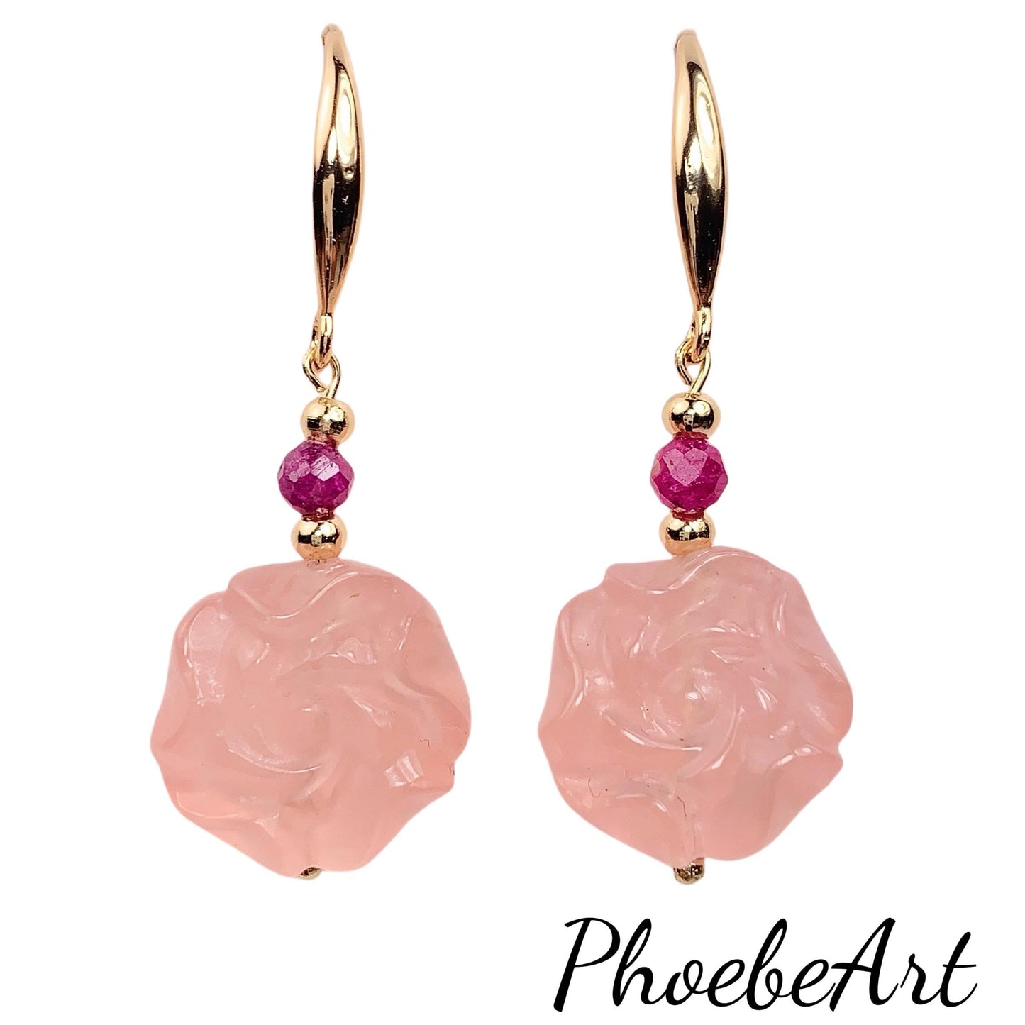 Rose Quartz Peony Earrings: Ruby, 18k Gold Plated Sterling Silver