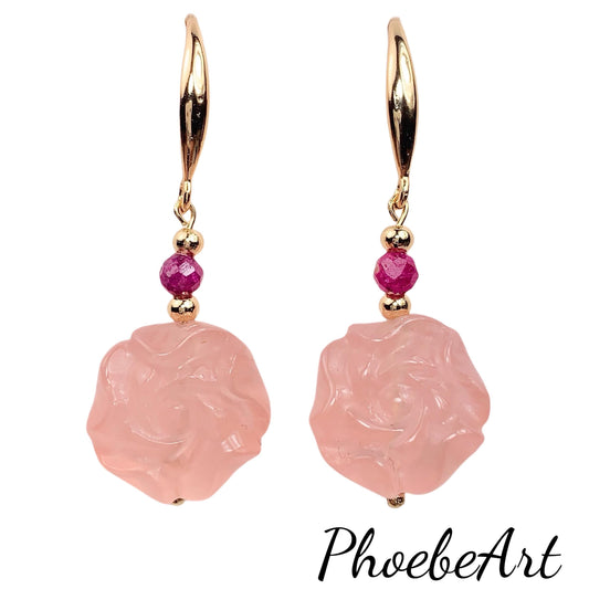 Rose Quartz Peony Earrings: Ruby, 18k Gold Plated Sterling Silver