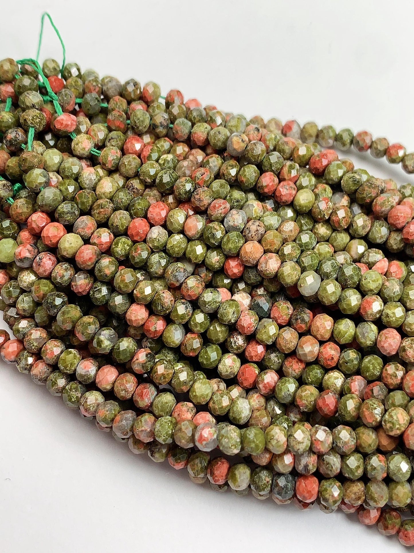 Natural Unakite Faceted Rondelle Beads: Green & Red Gemstone Strand
