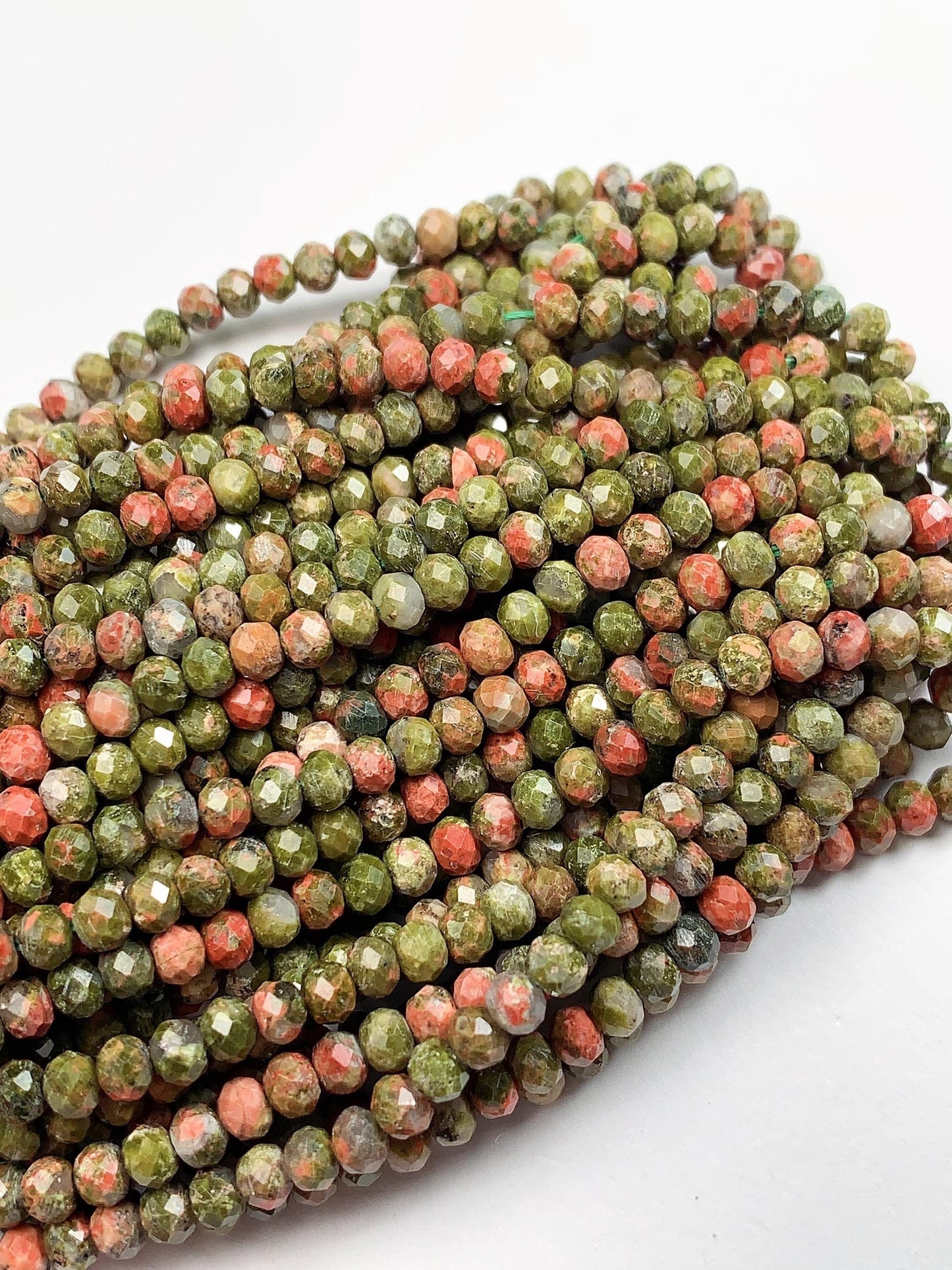 Natural Unakite Faceted Rondelle Beads: Green & Red Gemstone Strand