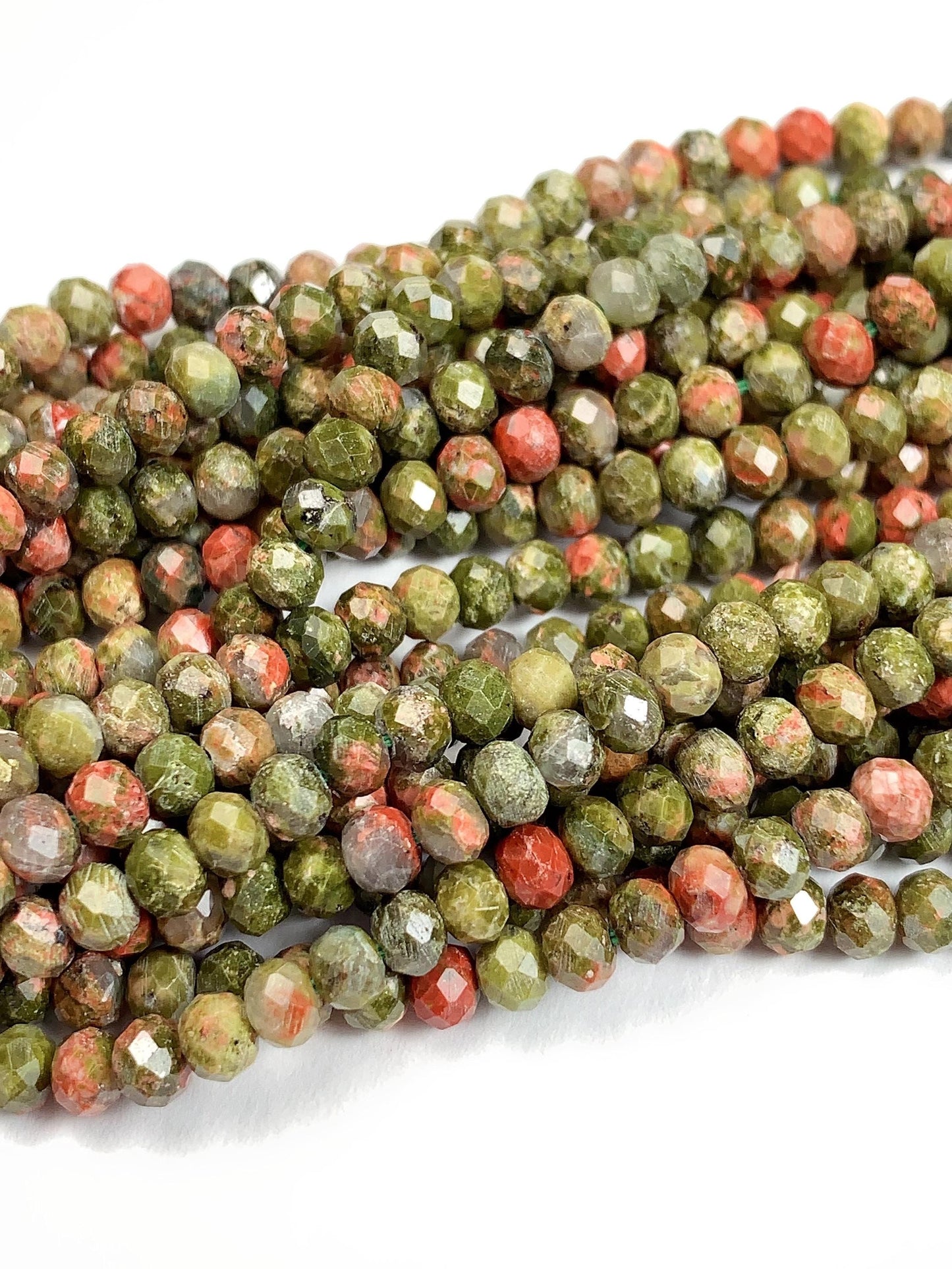 Natural Unakite Faceted Rondelle Beads: Green & Red Gemstone Strand