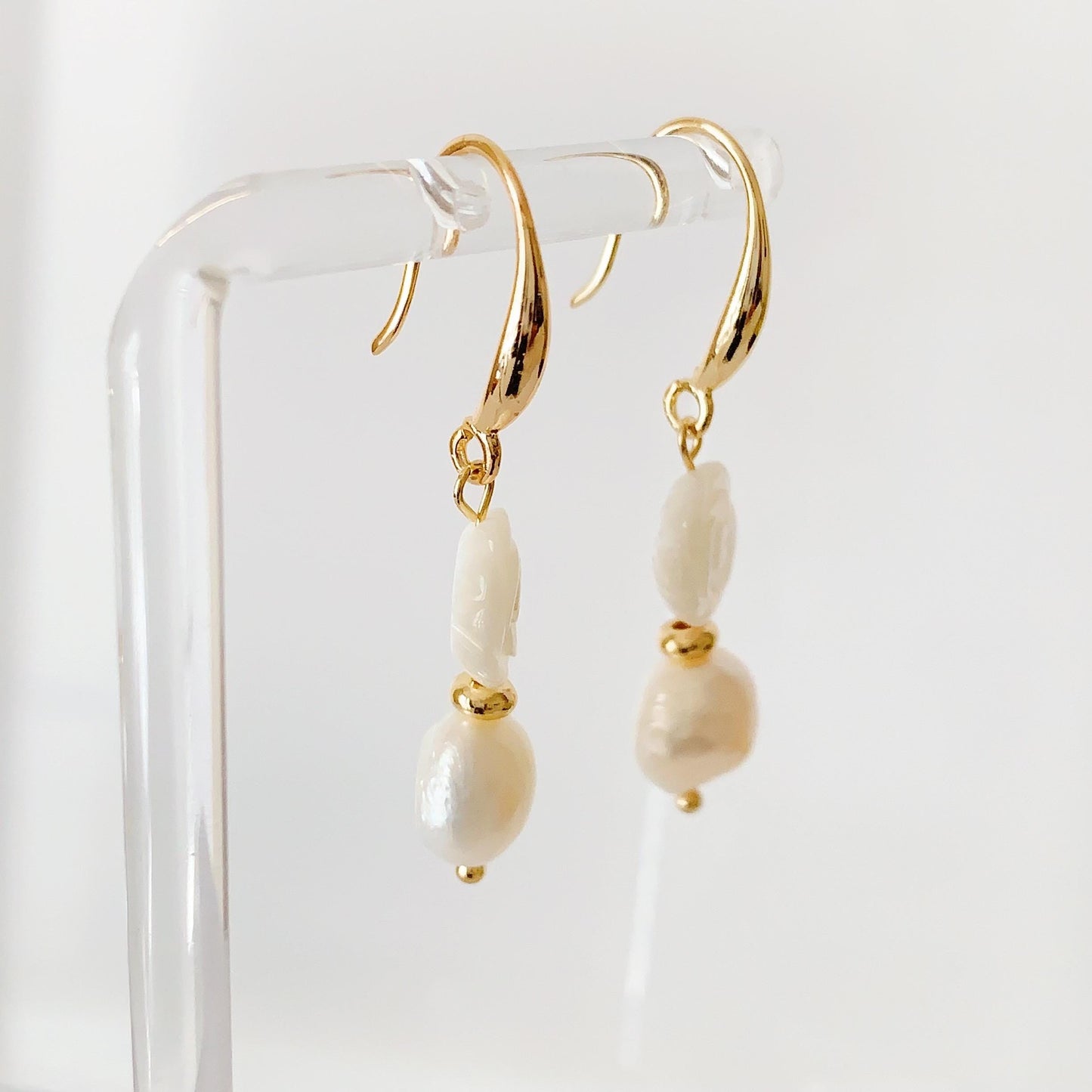 14K Gold Baroque Pearl Earrings: Hand Carved Rose, Mother of Pearl