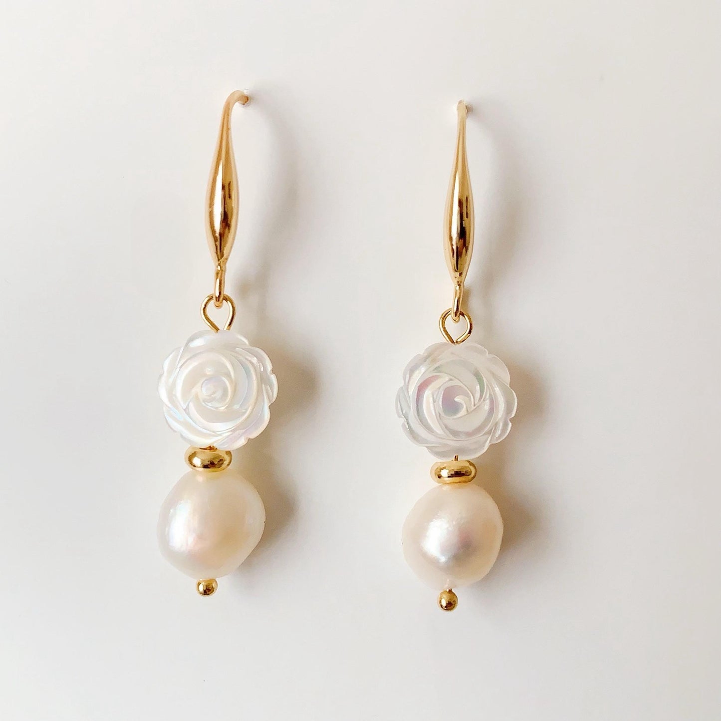 14K Gold Baroque Pearl Earrings: Hand Carved Rose, Mother of Pearl