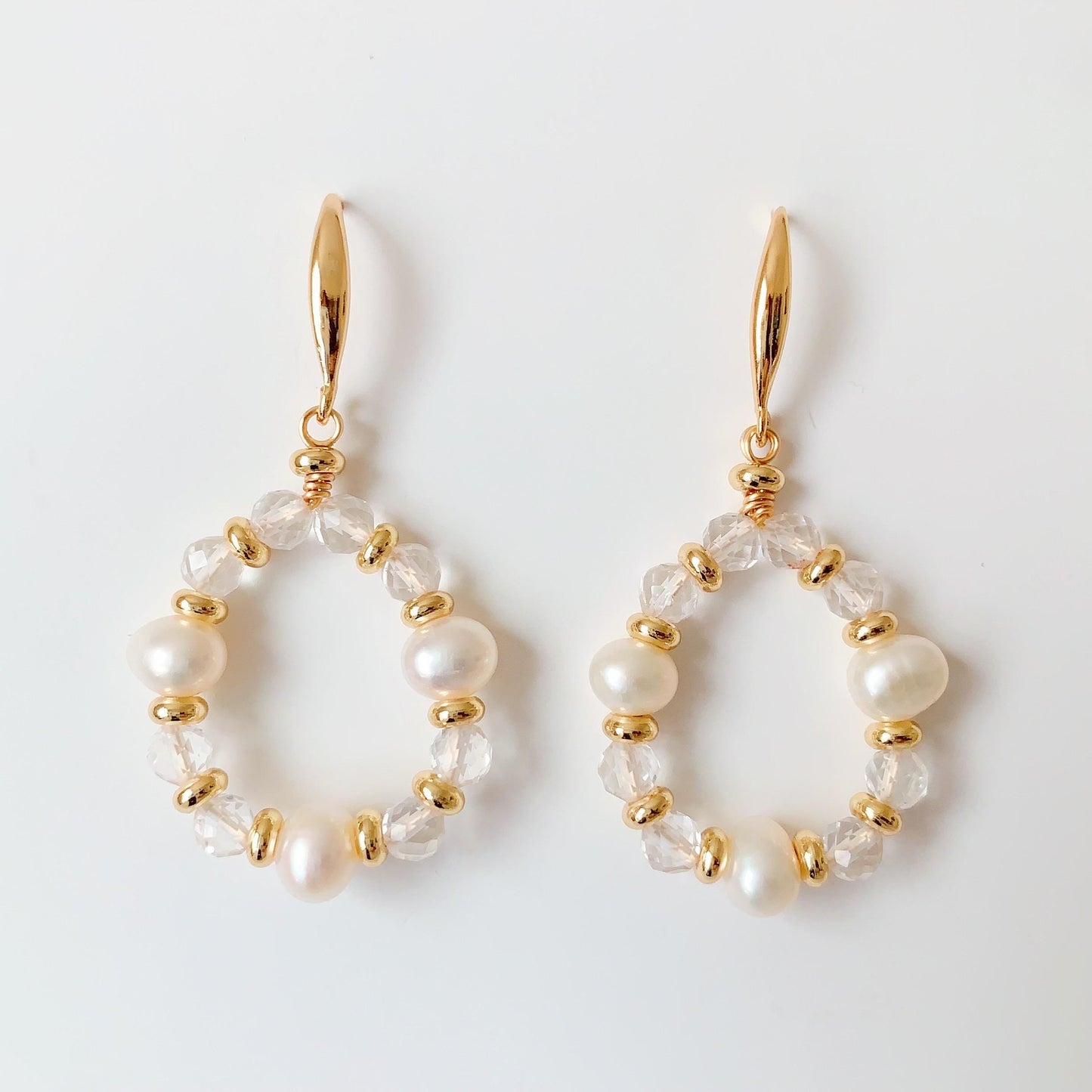 14K Gold Freshwater Pearl Earrings with Quartz Crystal, Handmade