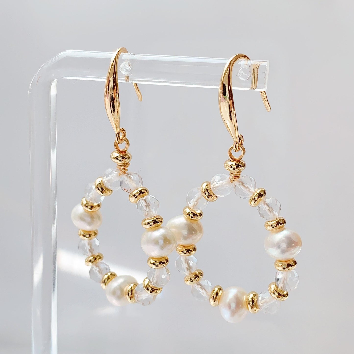 14K Gold Freshwater Pearl Earrings with Quartz Crystal, Handmade