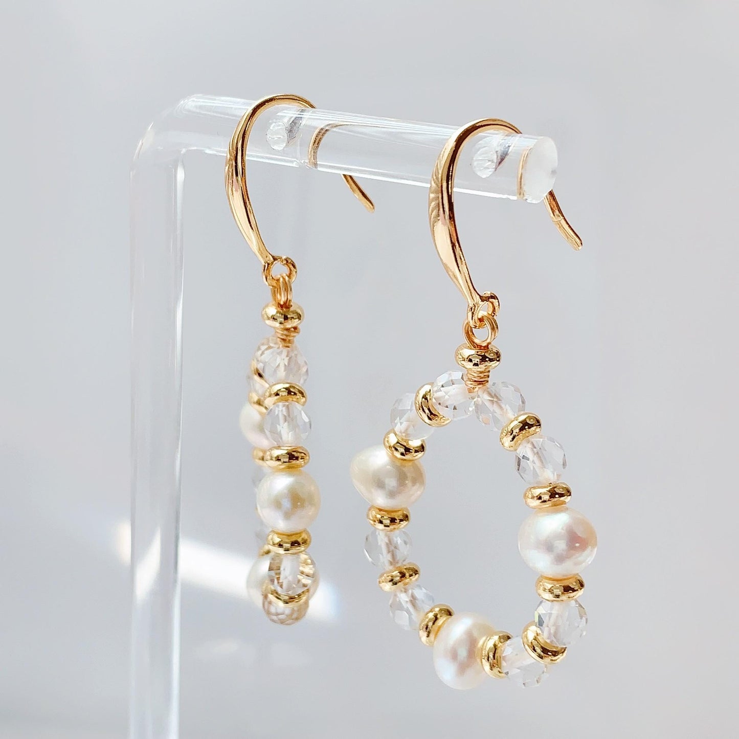 14K Gold Freshwater Pearl Earrings with Quartz Crystal, Handmade