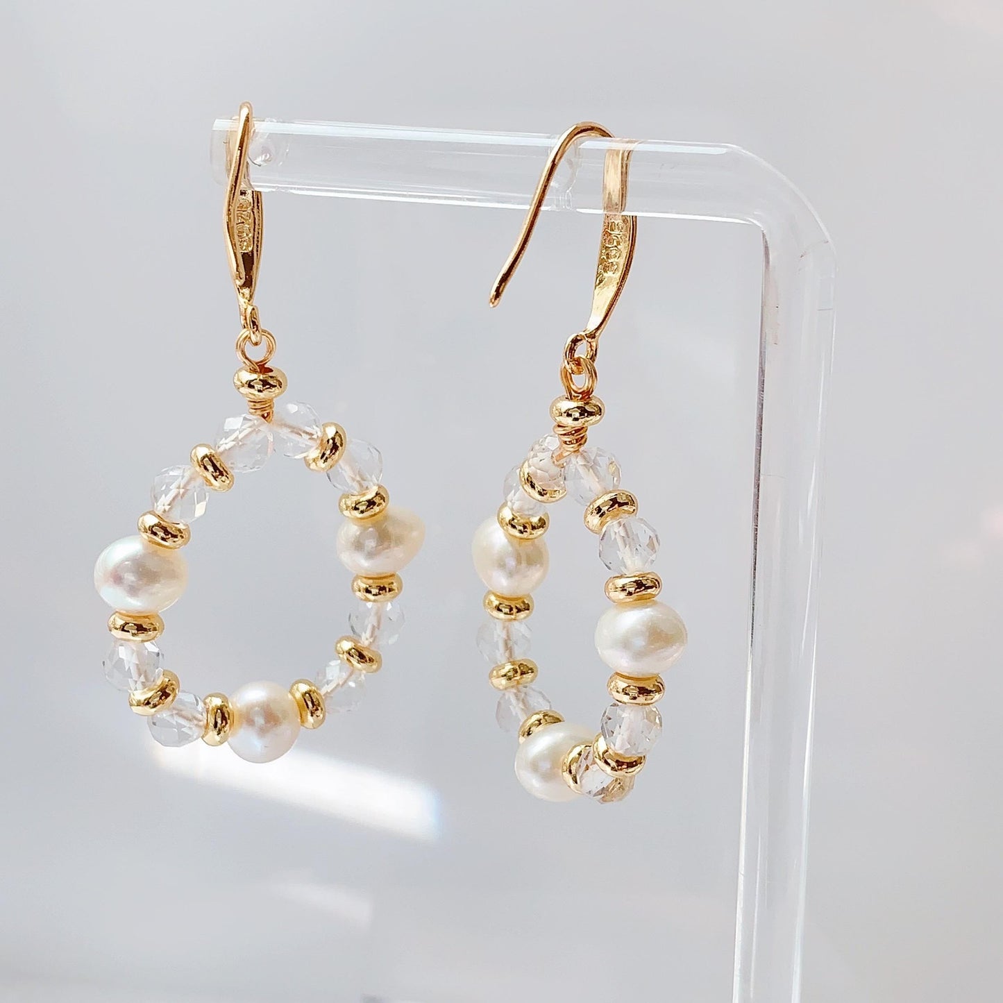 14K Gold Freshwater Pearl Earrings with Quartz Crystal, Handmade
