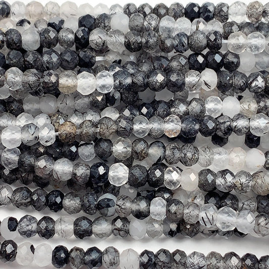Good quality Genuine Natural Black Rutilated Quartz Faceted Rondelle Beads 15.5" Strand 3x4mm