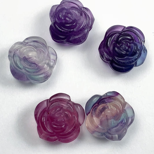 13mm Natural Rainbow fluorit Loose Bead: Carved Rose Flower Gemstone
