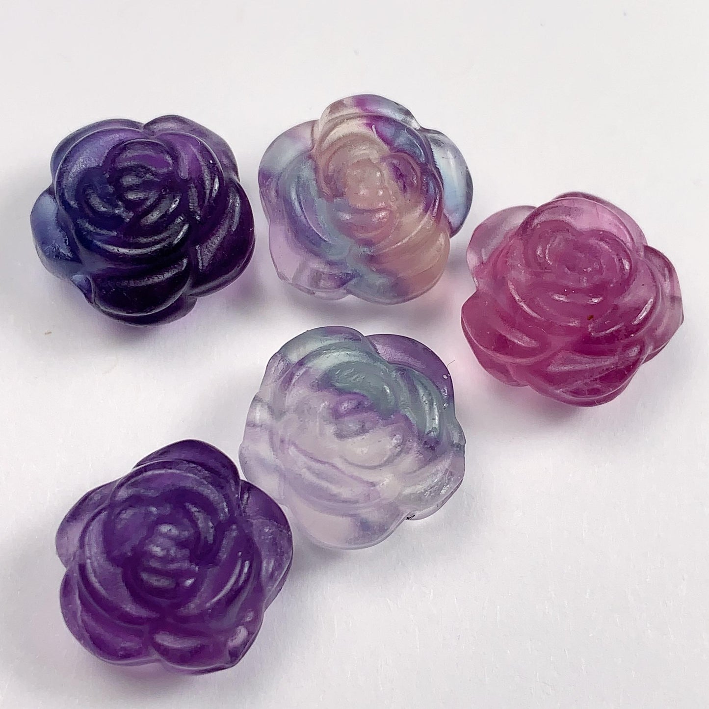 13mm Natural Rainbow fluorit Loose Bead: Carved Rose Flower Gemstone