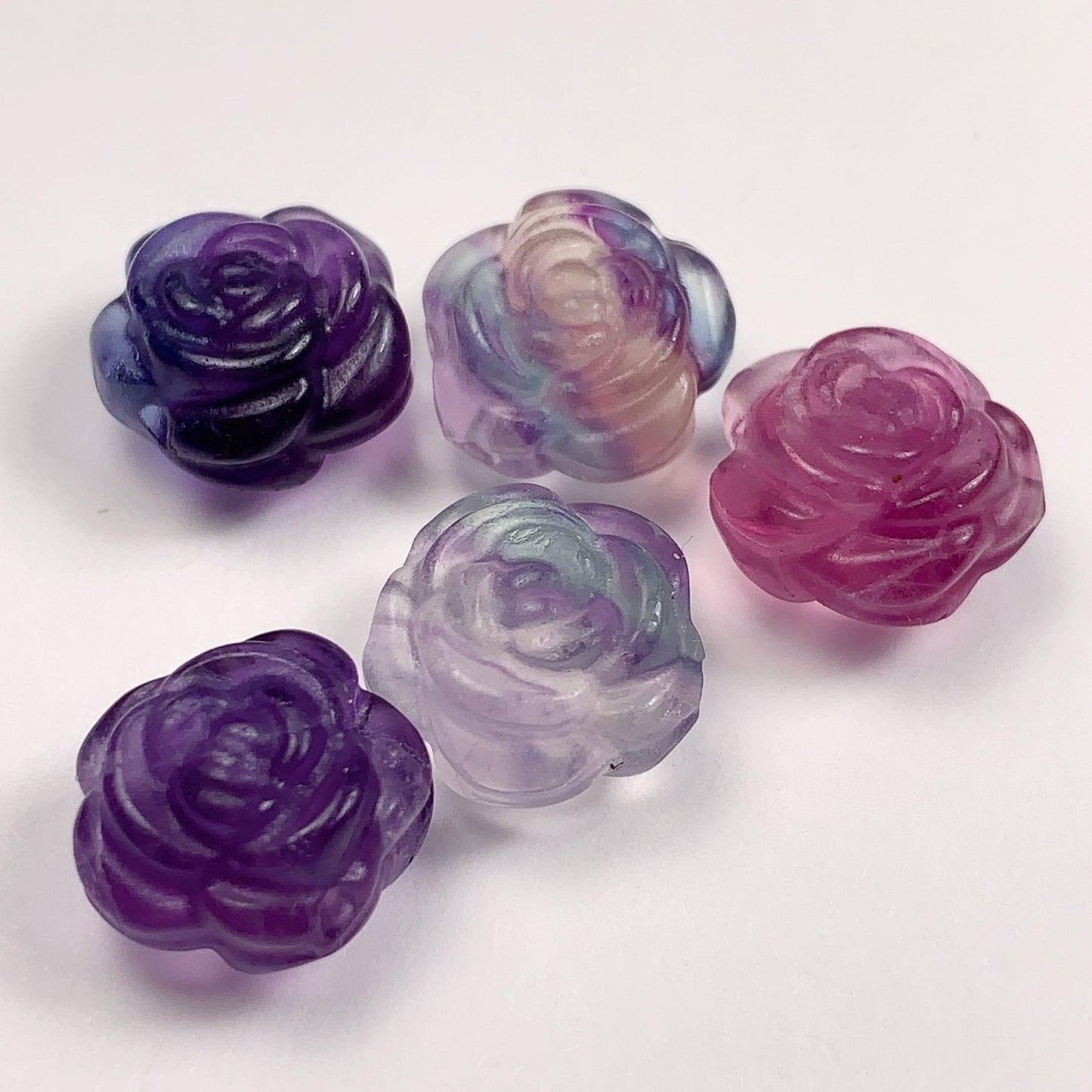 13mm Natural Rainbow fluorit Loose Bead: Carved Rose Flower Gemstone