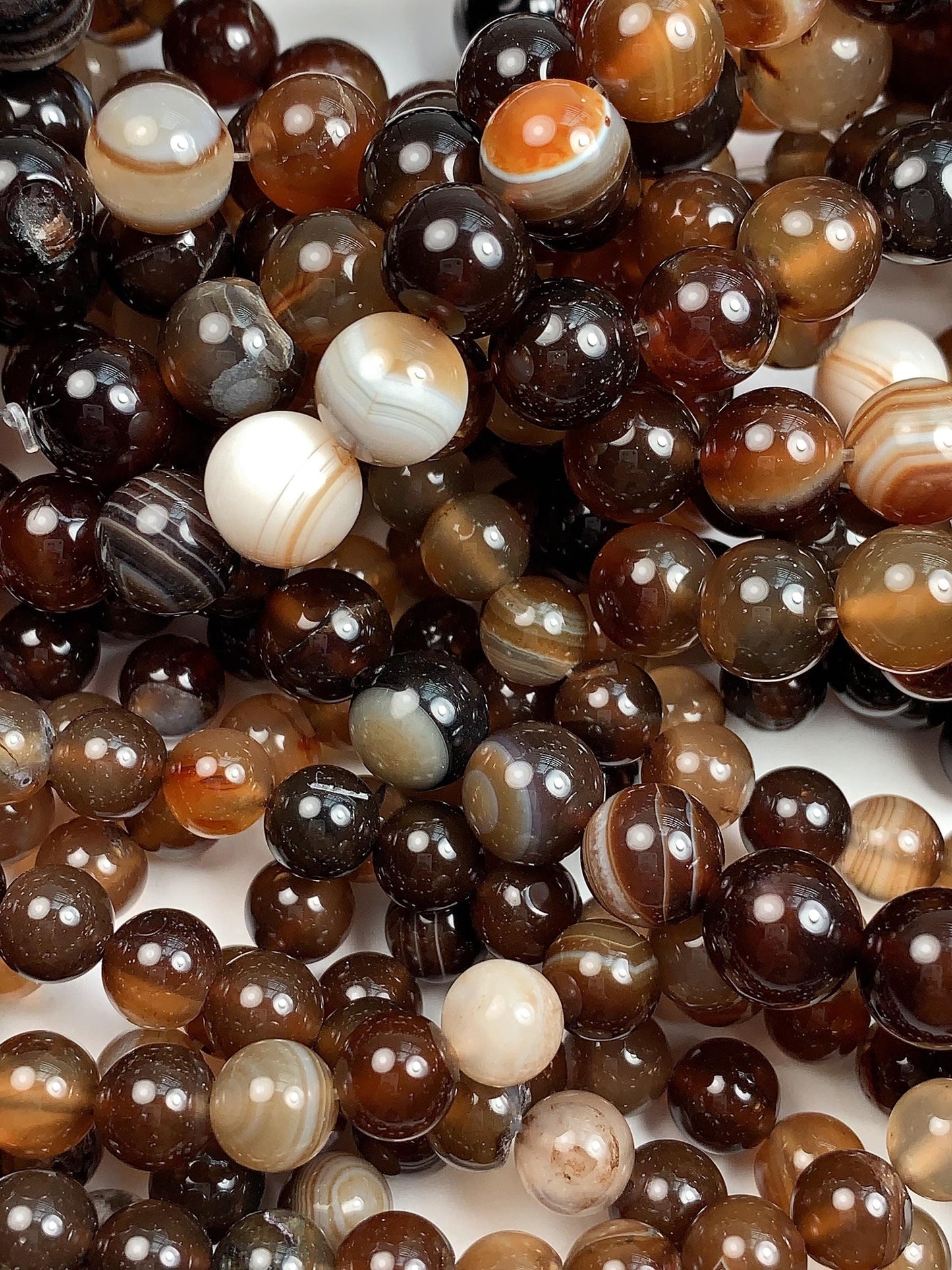 Natural Deep Brown Striped Agate Beads: Smooth Round Gemstone Strand
