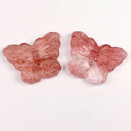 Carved Strawberry Quartz Butterfly Beads: Natural Pink Gemstone (26mm)