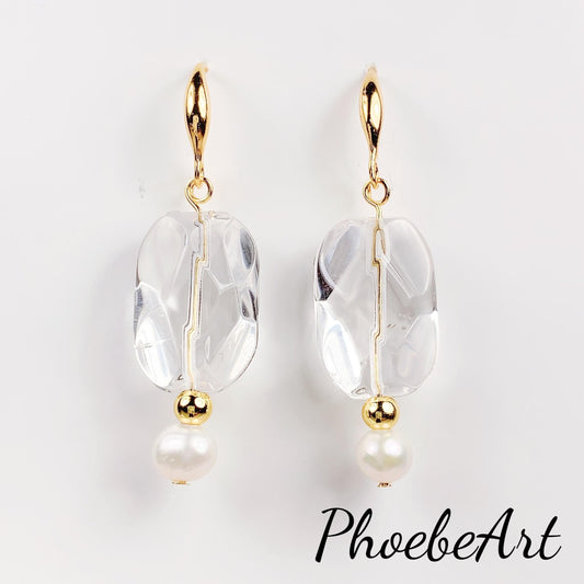 14K Gold Filled Pearl & Quartz Earrings: Natural Freshwater Pearl
