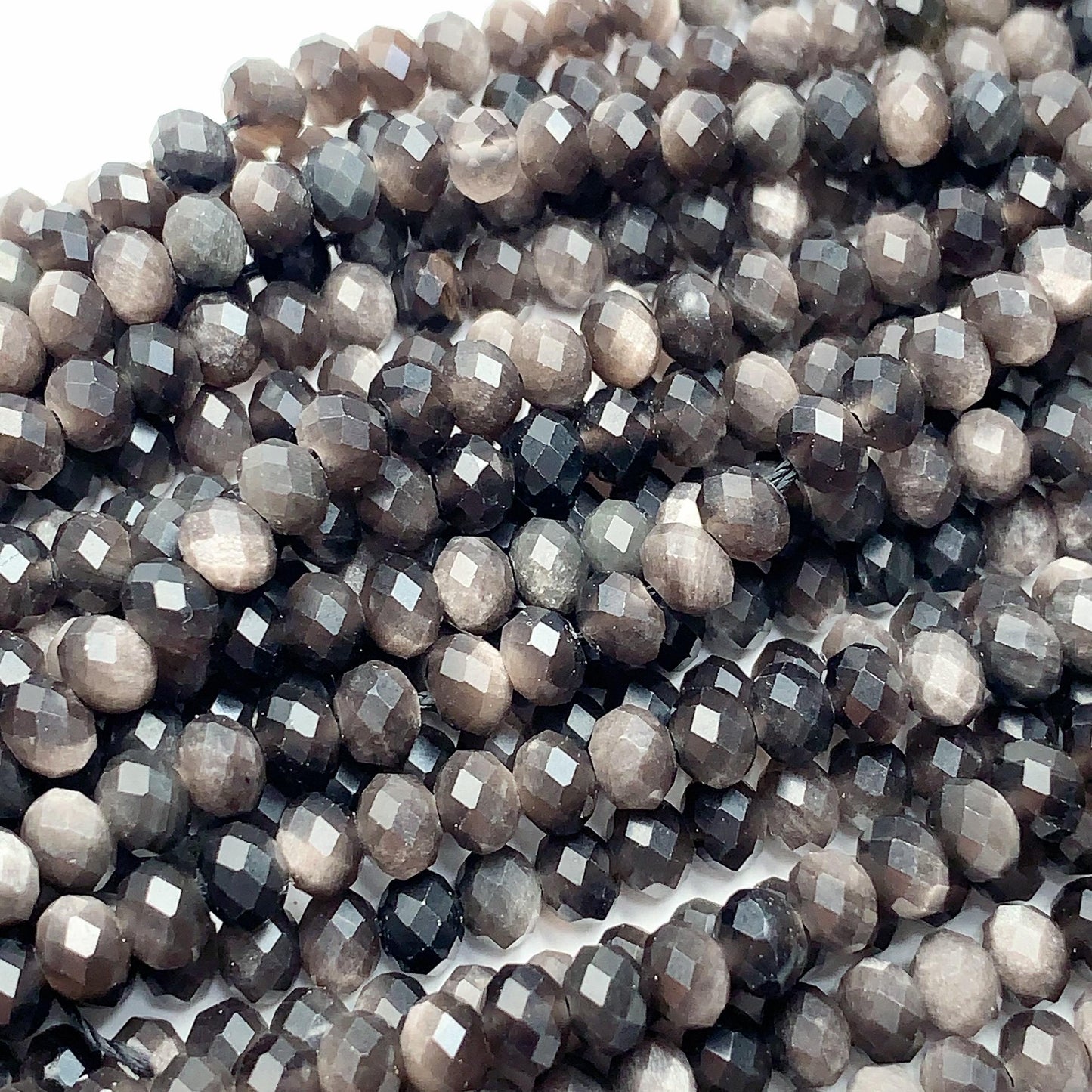 5x4mm Grade AAA+ Genuine Natural Black Silver Obsidian Faceted Rondelle Beads 15.5" Strand Gold