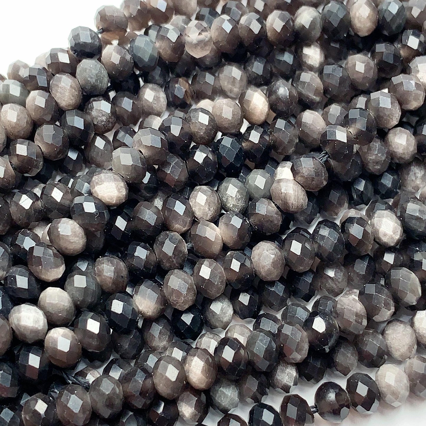 5x4mm Grade AAA+ Genuine Natural Black Silver Obsidian Faceted Rondelle Beads 15.5" Strand Gold
