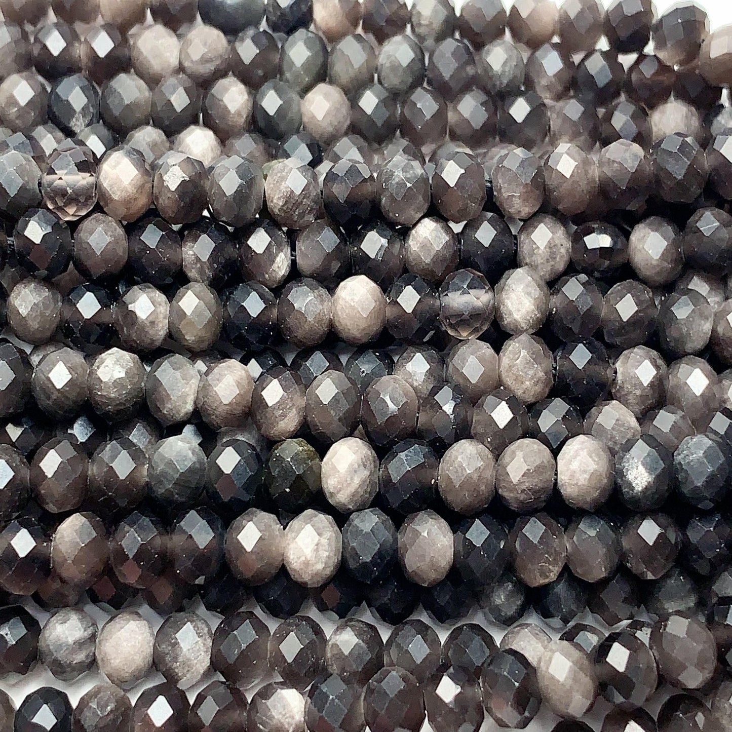 5x4mm Grade AAA+ Genuine Natural Black Silver Obsidian Faceted Rondelle Beads 15.5" Strand Gold