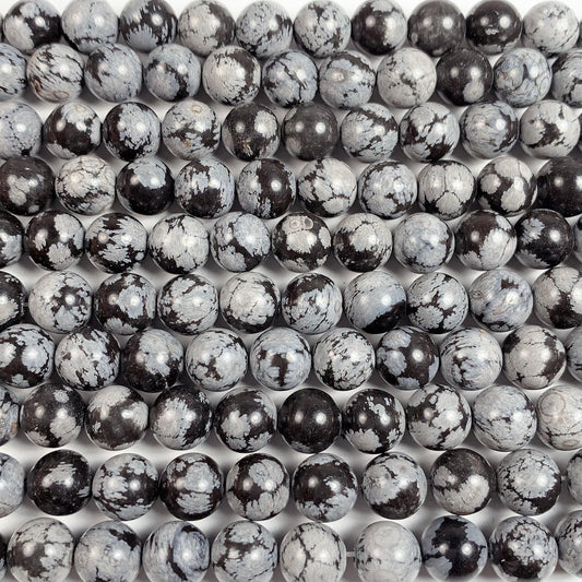 AAA Snowflake Obsidian Smooth Round Beads: Natural Black White Gemstone, 15.5" Strand