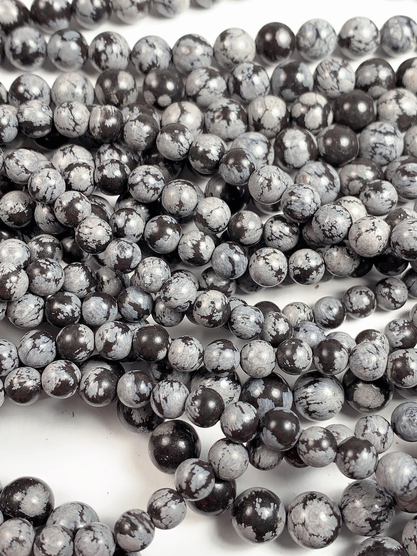AAA Snowflake Obsidian Smooth Round Beads: Natural Black White Gemstone, 15.5" Strand