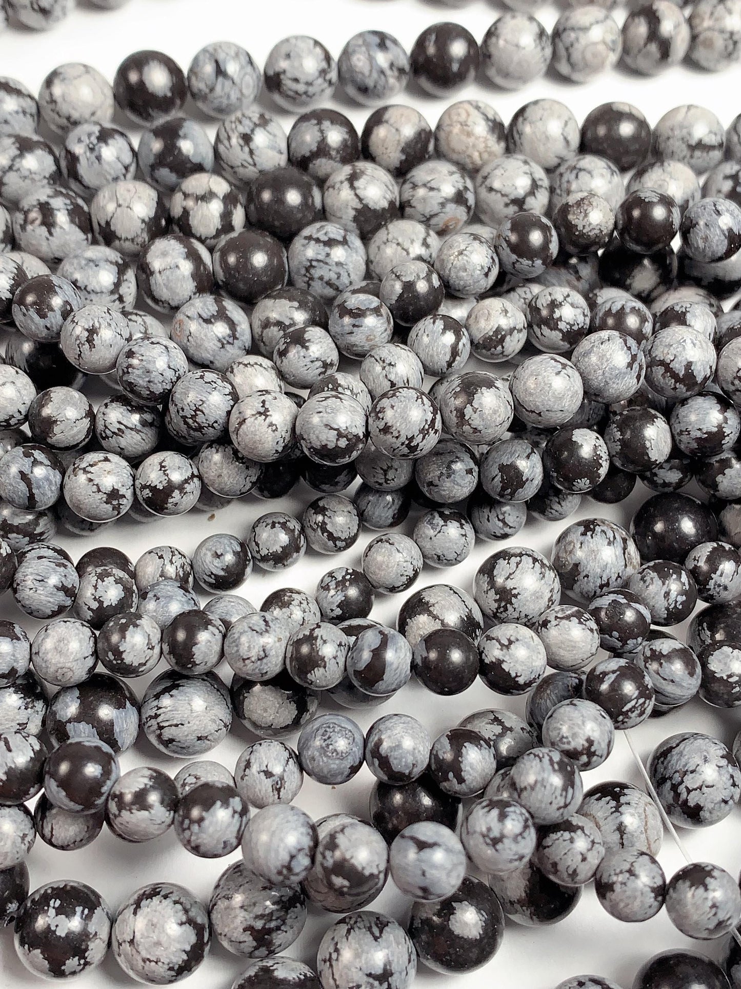 AAA Snowflake Obsidian Smooth Round Beads: Natural Black White Gemstone, 15.5" Strand