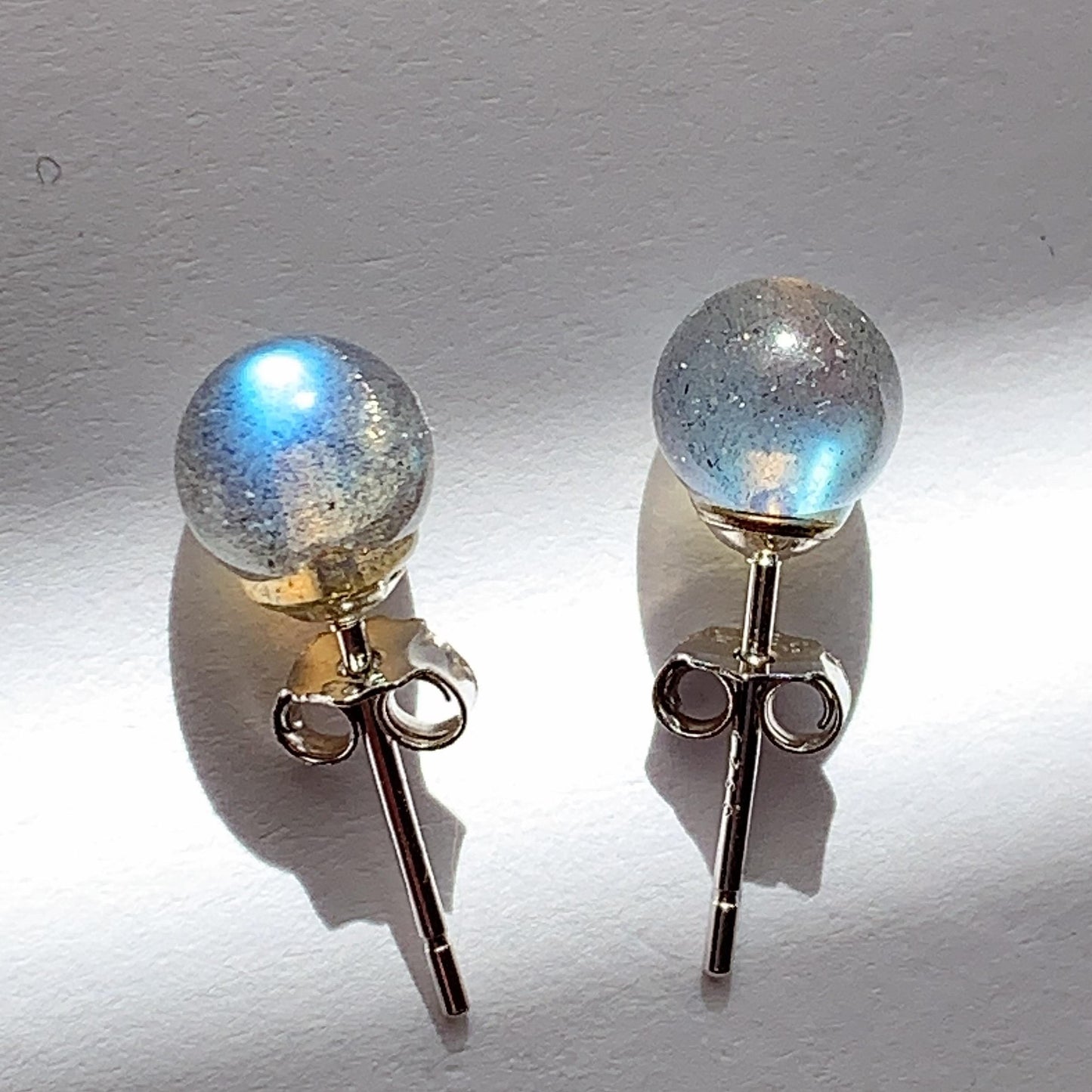 Labradorite Moonstone Earrings: 18k Gold Plated Sterling Silver, 6mm Round Cut