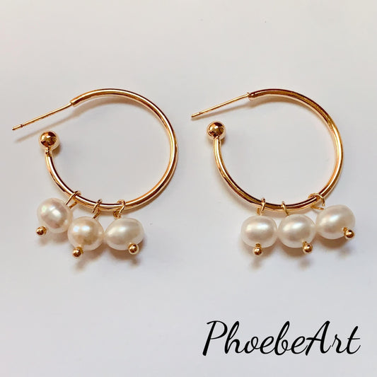 Handmade 14K Gold Filled Hoop Earrings with Natural White Pearls