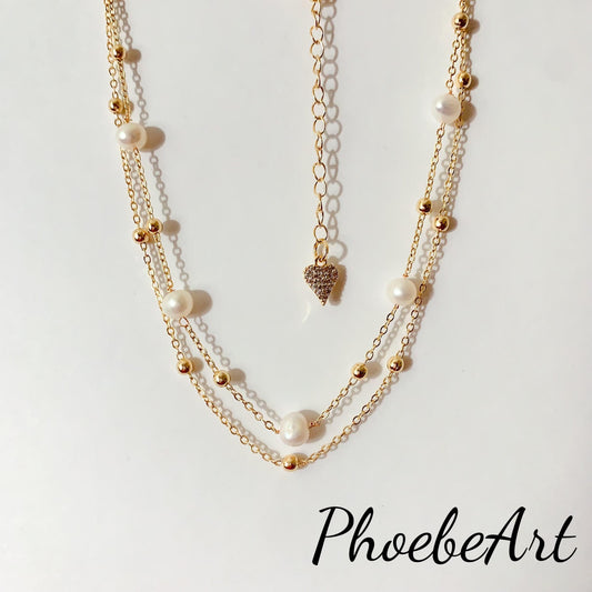 Natural Freshwater White Pearl Necklace Bright Luster Gloss 14K Gold Plated Heart